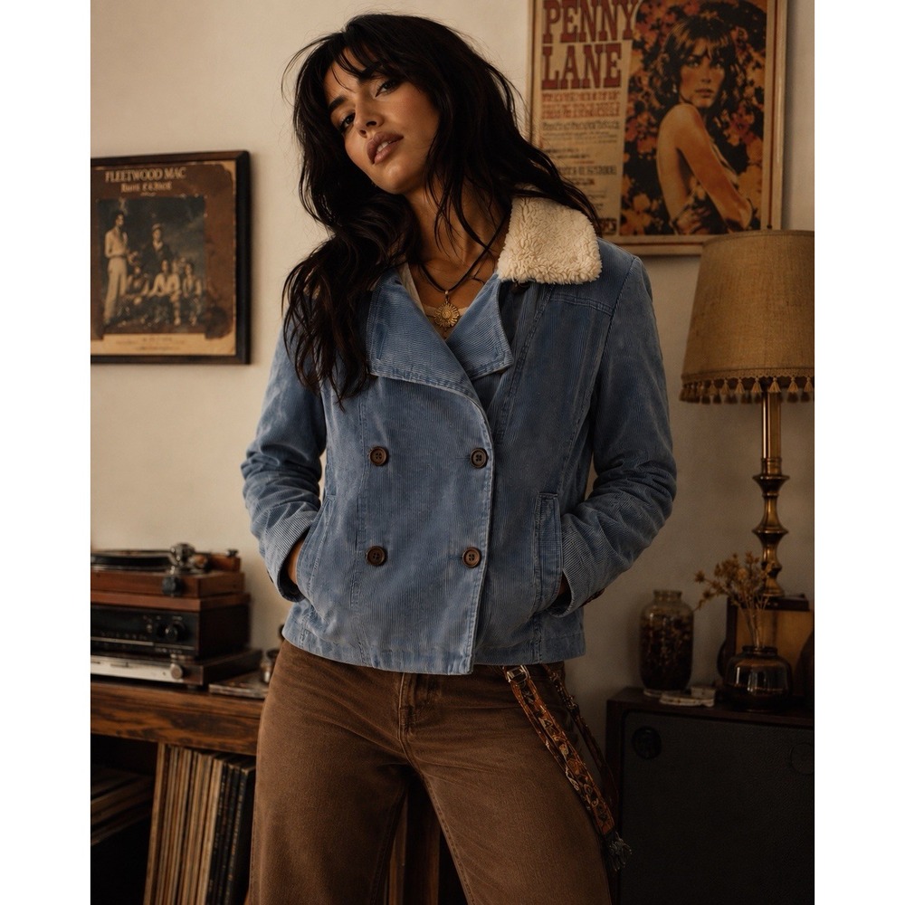 VTG Giacca Corduroy Penny Lane Jacket Blue Y2K 70s Boho Shaggy Hippie Retro Sz L